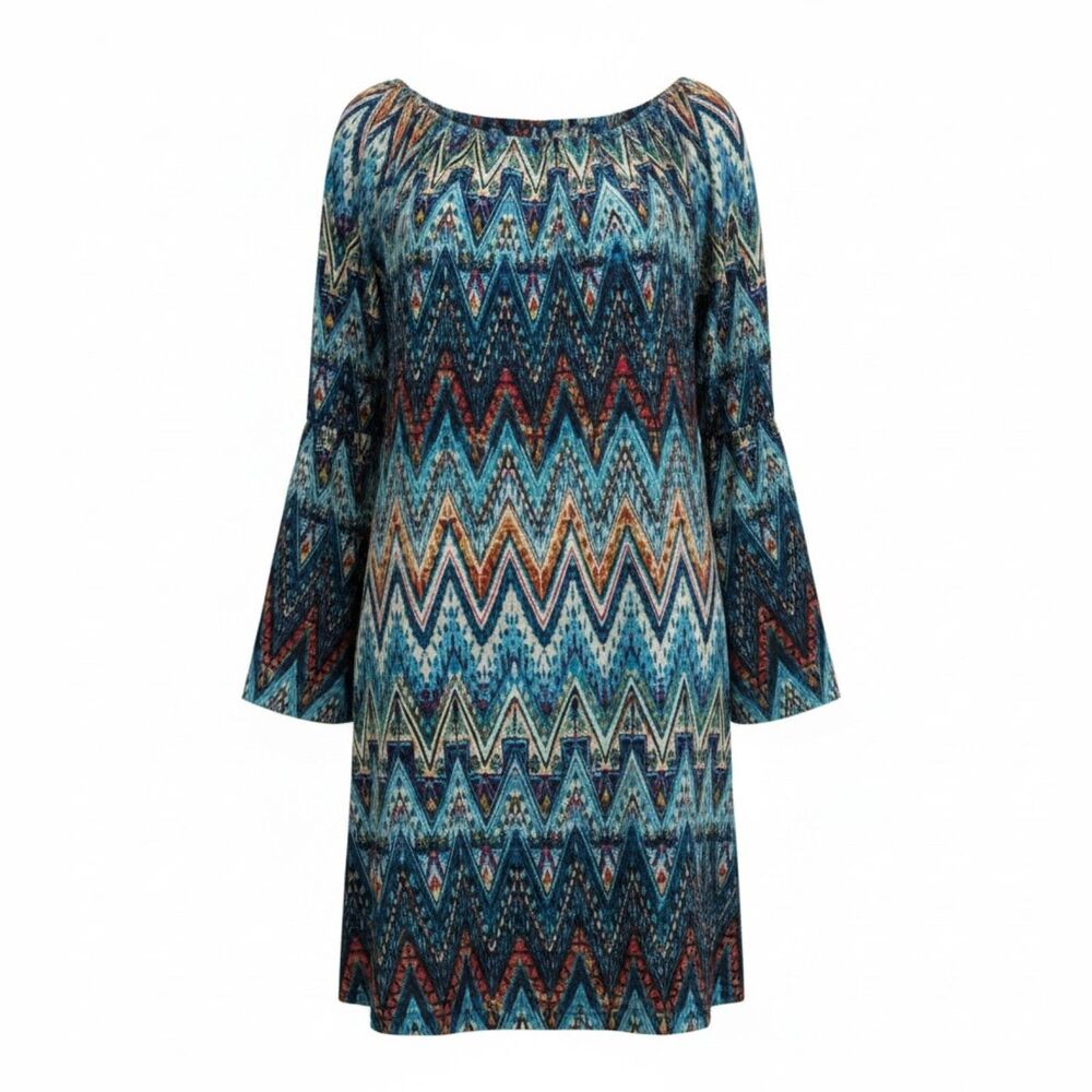 2B Together Women’s M Boho Chevron Bell Sleeve Shift Dress Multicolor